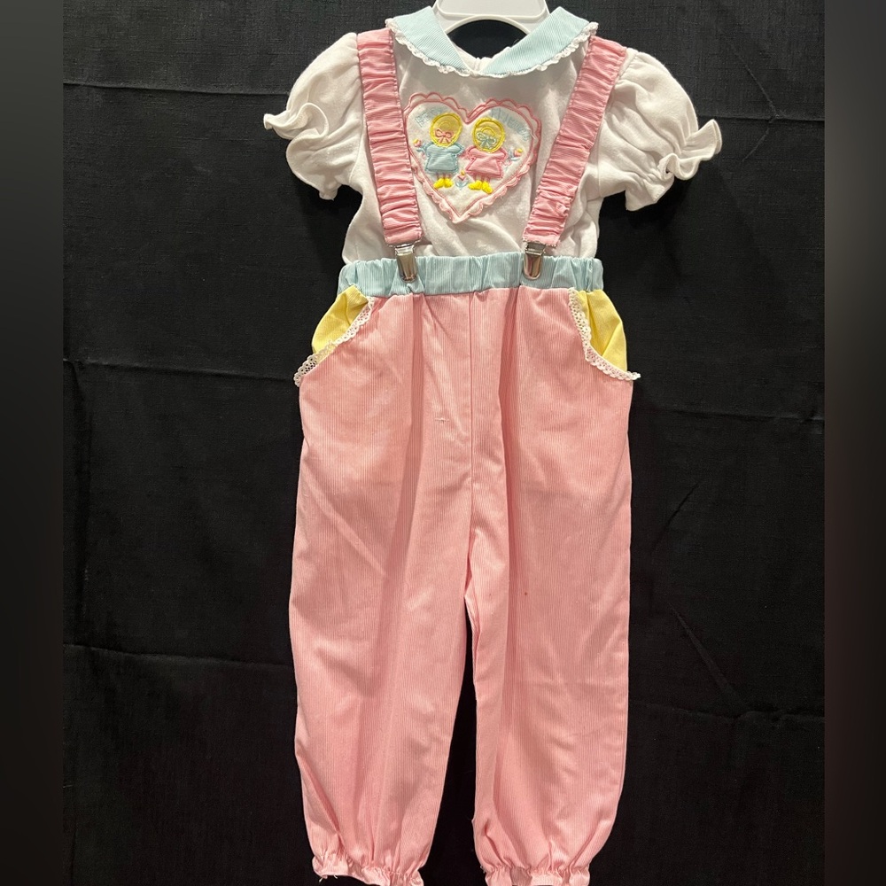Vintage Pink Girls' Suspender Overalls with Heart Embroidery